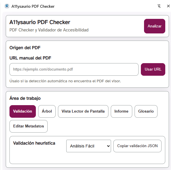 Interfaz de la extensión A11ysaurio PDF Checker mostrando un área de trabajo clara con botones para Analizar, ver el Árbol, Vista Lector de Pantalla, Informe, y Editar Metadatos