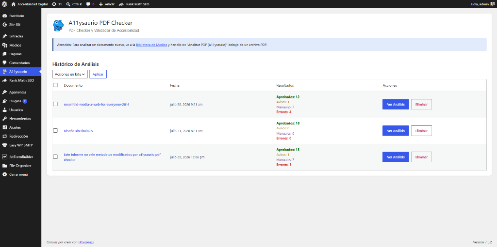 Panel de control del plugin A11ysaurio PDF Checker dentro de WordPress